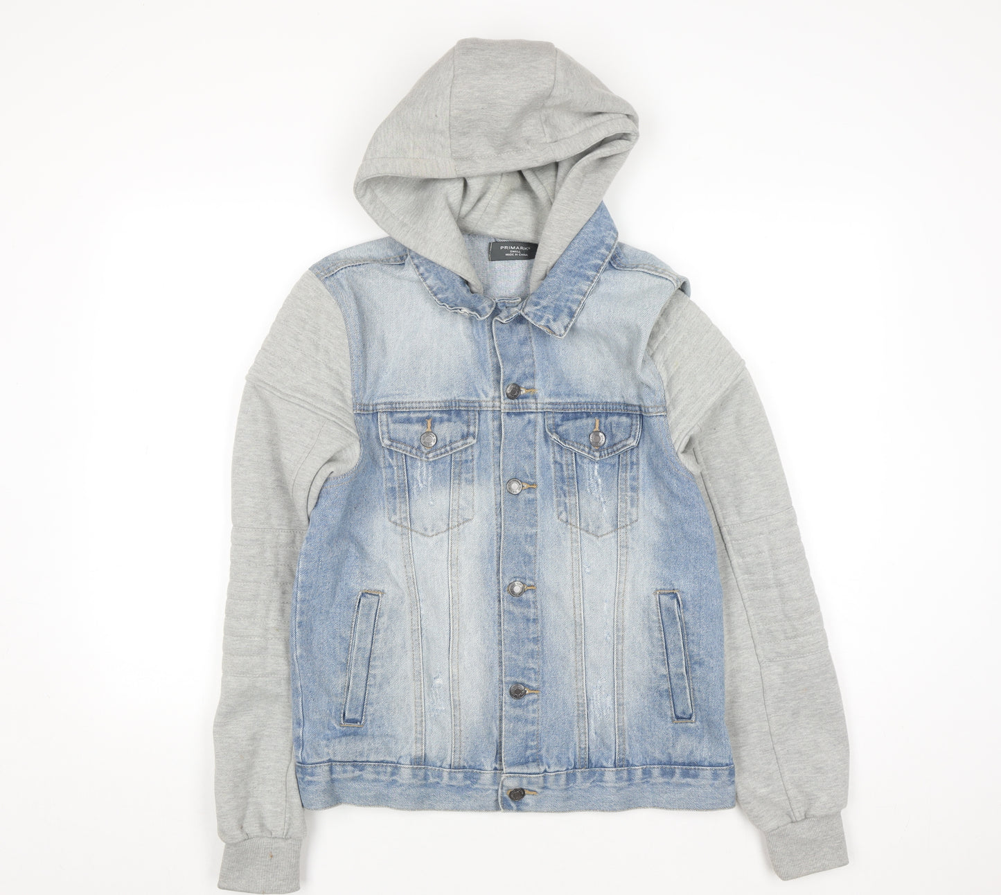 Primark Men Blue Denim Jacket Hooded Grey Sleeves Size S