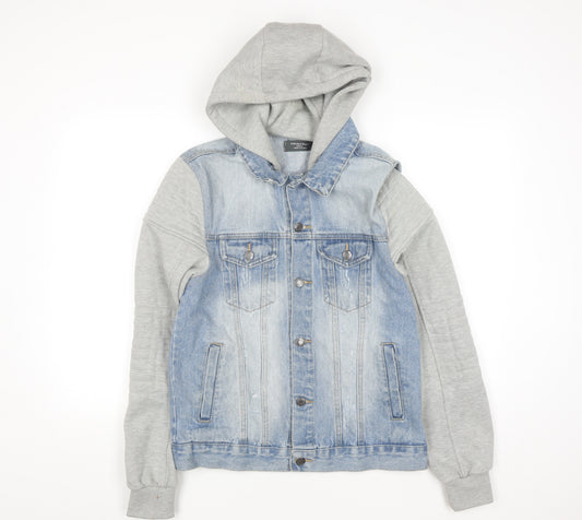 Primark Men Blue Denim Jacket Hooded Grey Sleeves Size S