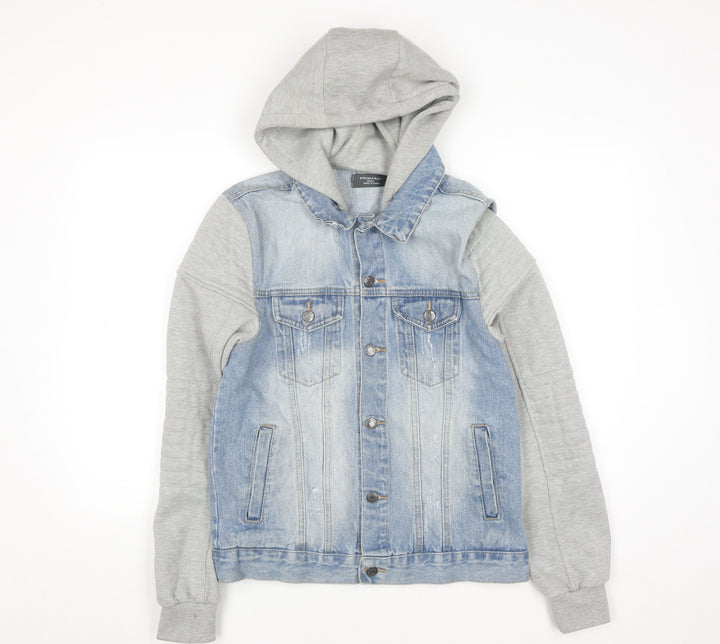Primark Men Blue Denim Jacket Hooded Grey Sleeves Size S