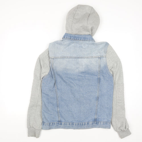 Primark Men Blue Denim Jacket Hooded Grey Sleeves Size S