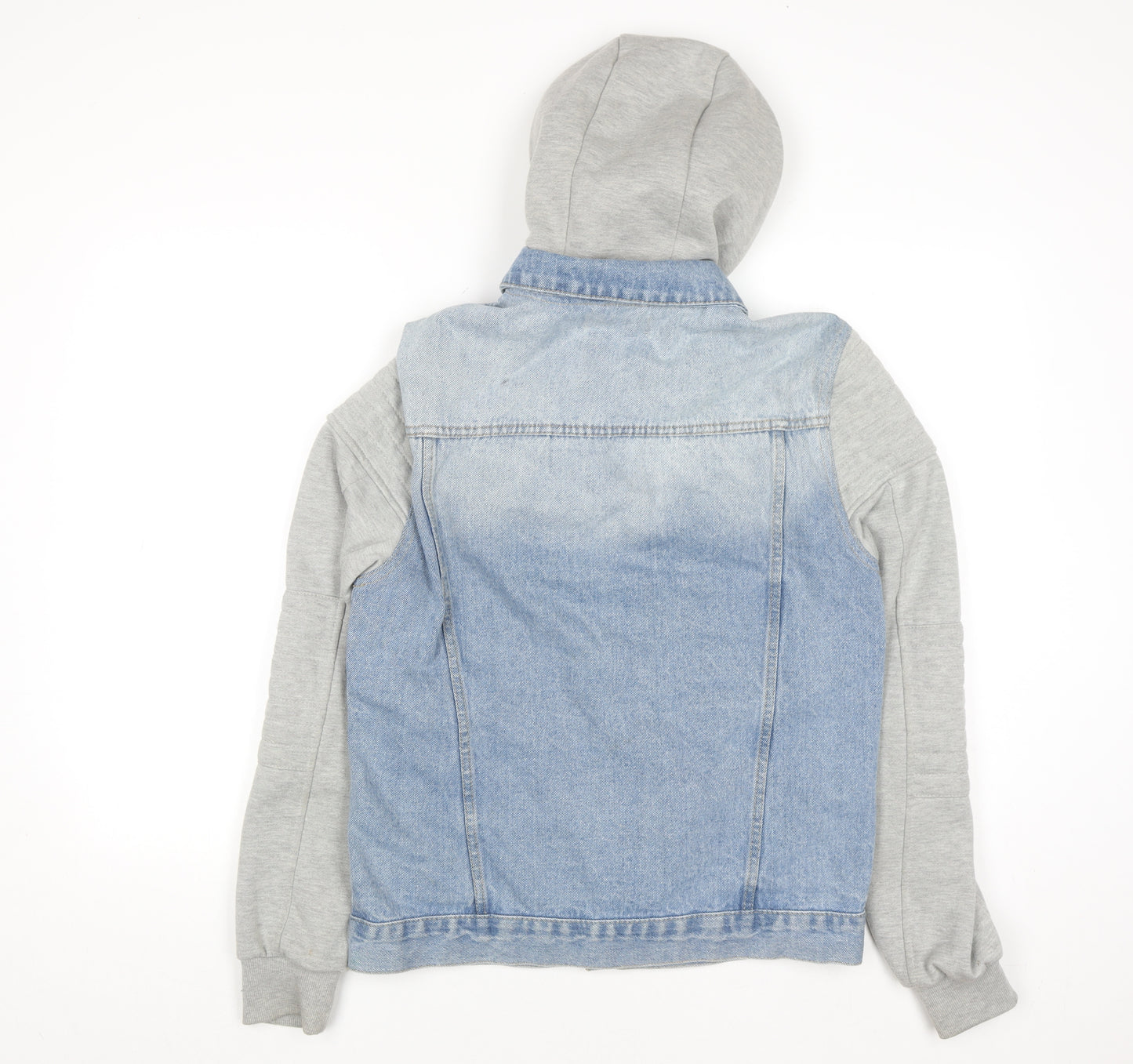 Primark Men Blue Denim Jacket Hooded Grey Sleeves Size S