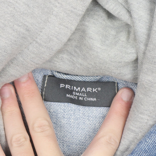 Primark Men Blue Denim Jacket Hooded Grey Sleeves Size S