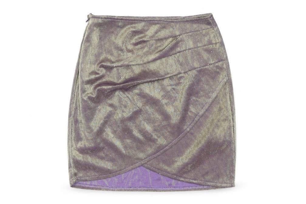 Front view of PRETTYLITTLETHING women’s purple metallic wrap mini skirt, size UK 6