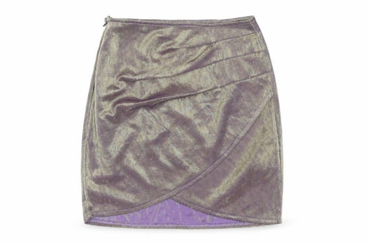 Front view of PRETTYLITTLETHING women’s purple metallic wrap mini skirt, size UK 6