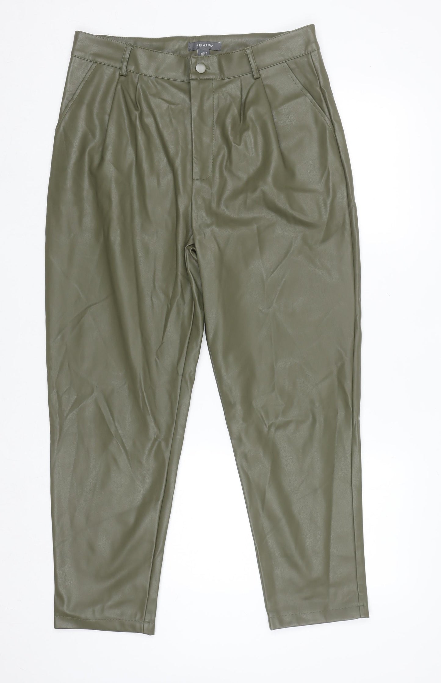 Primark Womens Green Faux Leather High Rise Tapered Trousers Size 14
