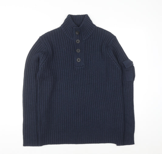 Dissident Mens Blue Chunky Knit Henley Jumper Size L