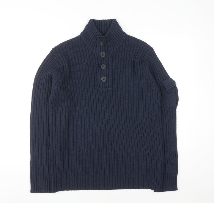 Dissident Mens Blue Chunky Knit Henley Jumper Size L