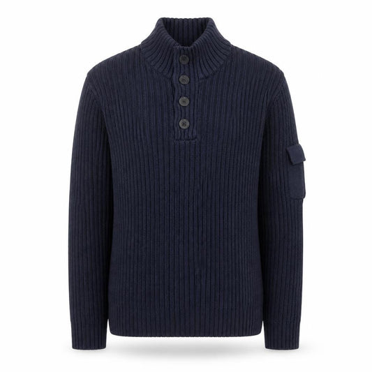Front view of Dissident men’s blue chunky knit henley jumper, size L