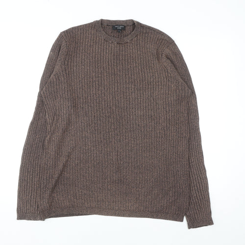 New Look Men Brown Ribbed Knit Cotton Jumper Size L Crew Neck