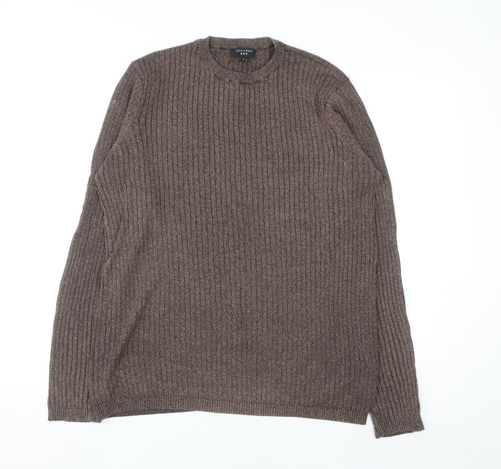 New Look Men Brown Ribbed Knit Cotton Jumper Size L Crew Neck