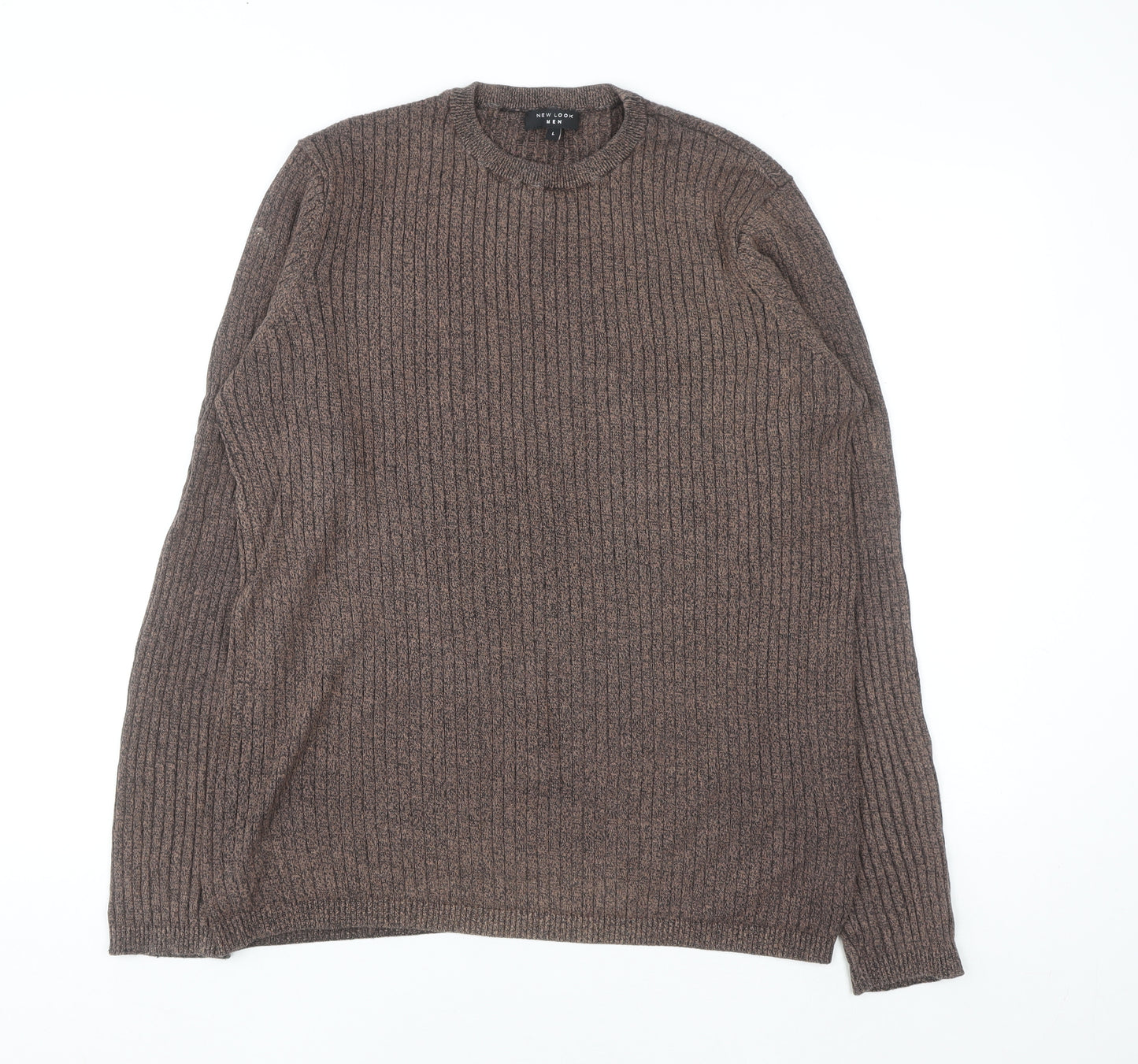 New Look Men Brown Ribbed Knit Cotton Jumper Size L Crew Neck