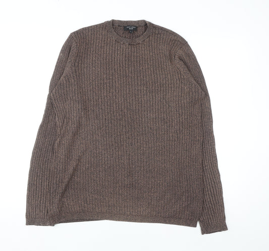 New Look Men Brown Ribbed Knit Cotton Jumper Size L Crew Neck