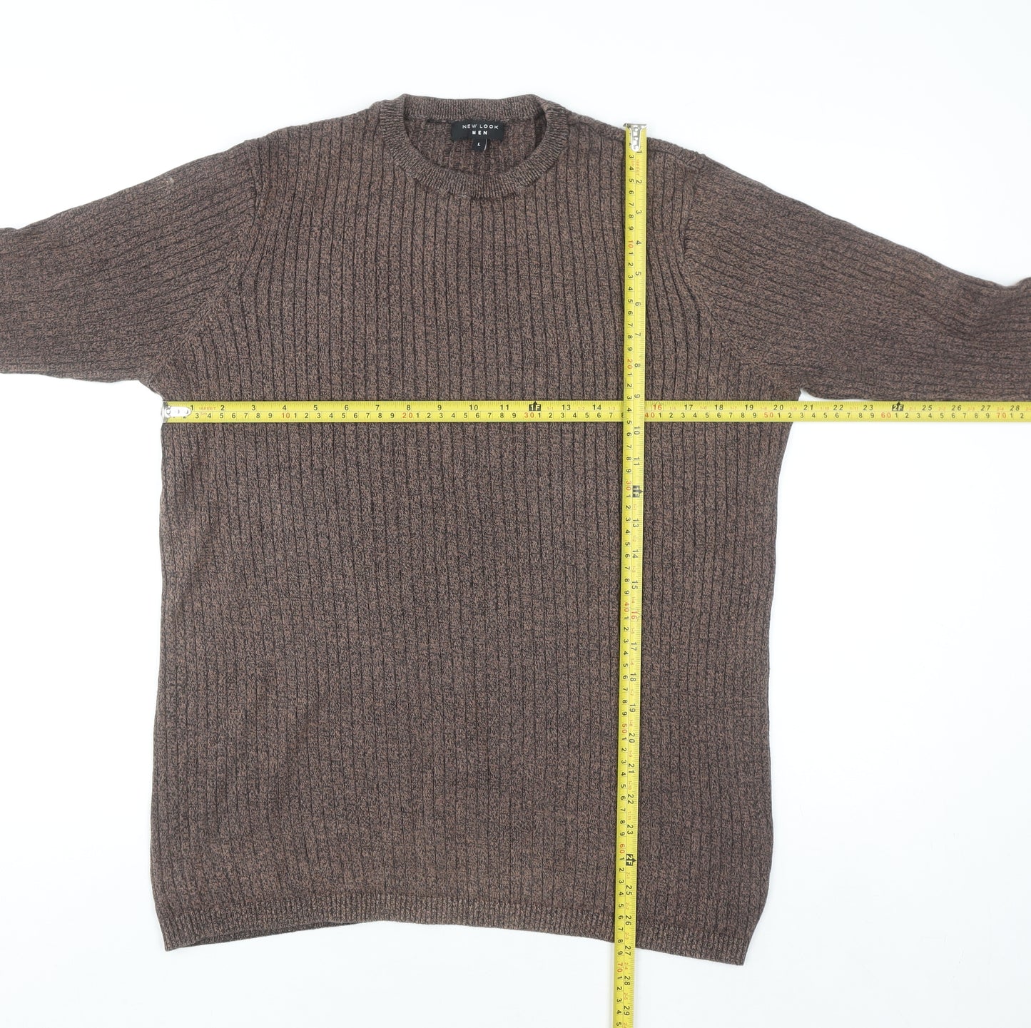 New Look Men Brown Ribbed Knit Cotton Jumper Size L Crew Neck