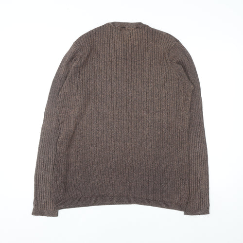 New Look Men Brown Ribbed Knit Cotton Jumper Size L Crew Neck
