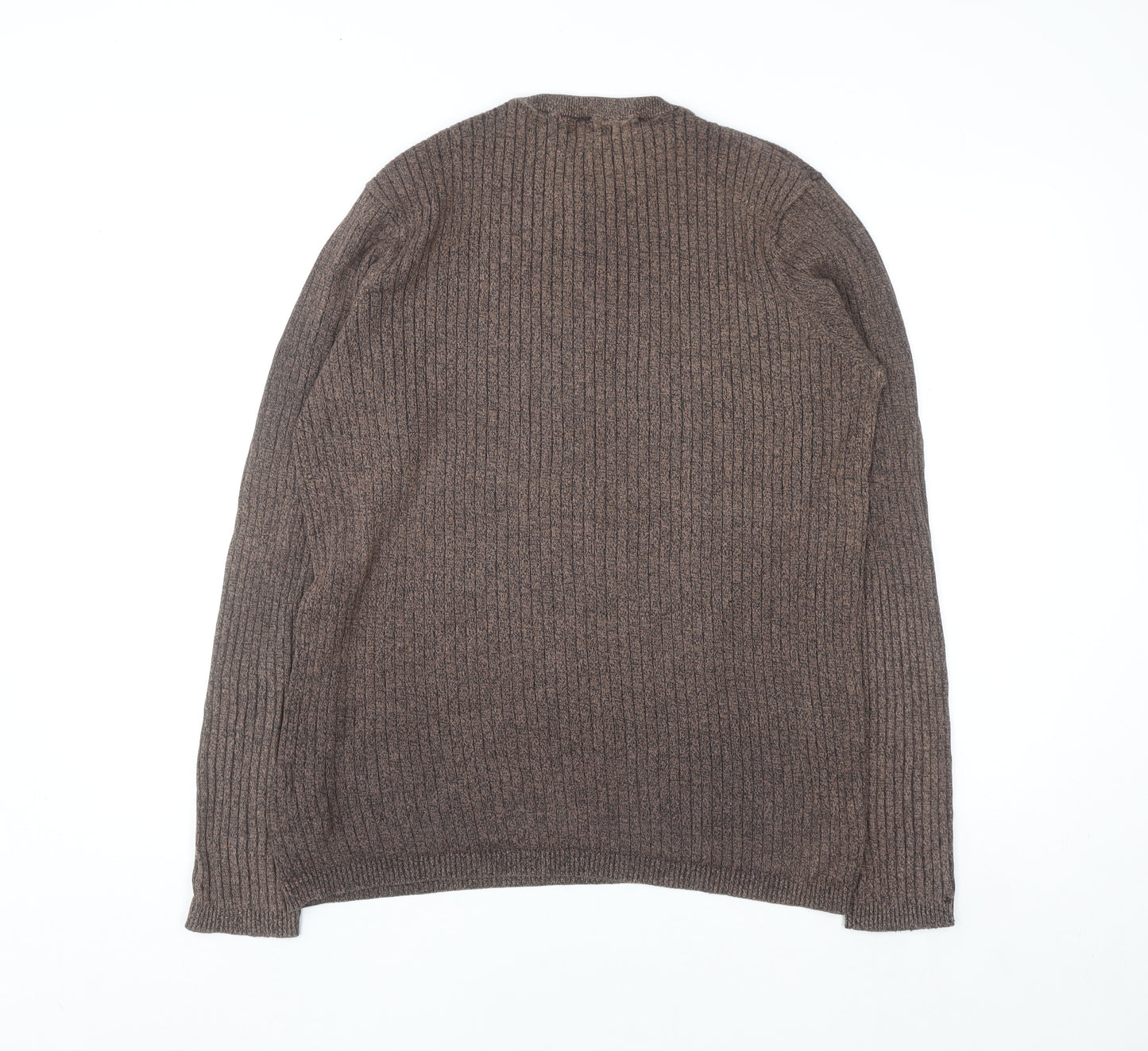 New Look Men Brown Ribbed Knit Cotton Jumper Size L Crew Neck