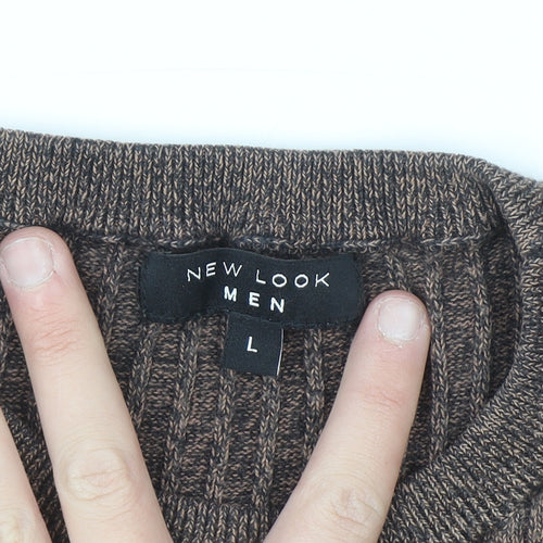 New Look Men Brown Ribbed Knit Cotton Jumper Size L Crew Neck