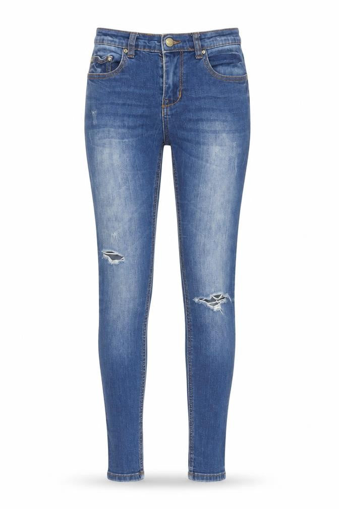 Front view of Denim Co Women's Blue, size 8, Skinny Distressed Stretch Jeans