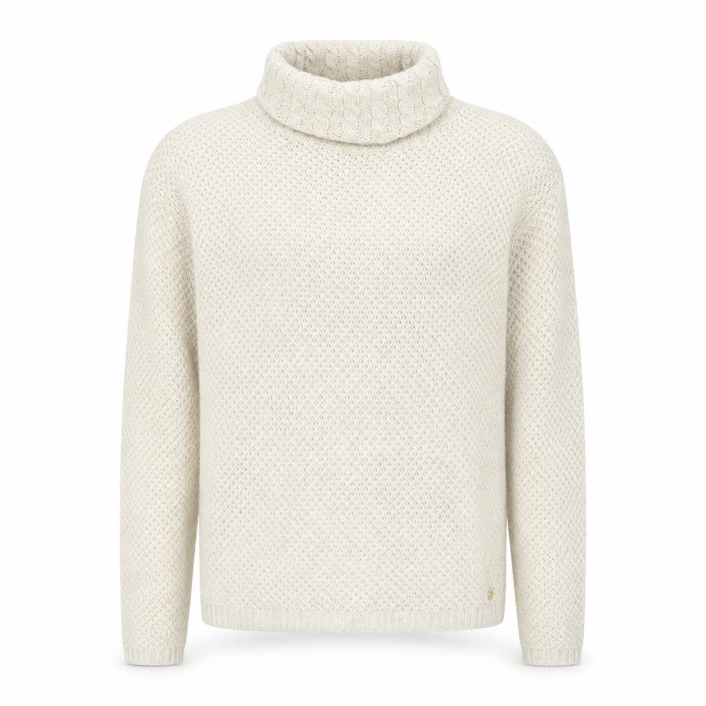 Front view of ESPRIT Men’s Beige Roll Neck Cable-Knit Jumper, size M