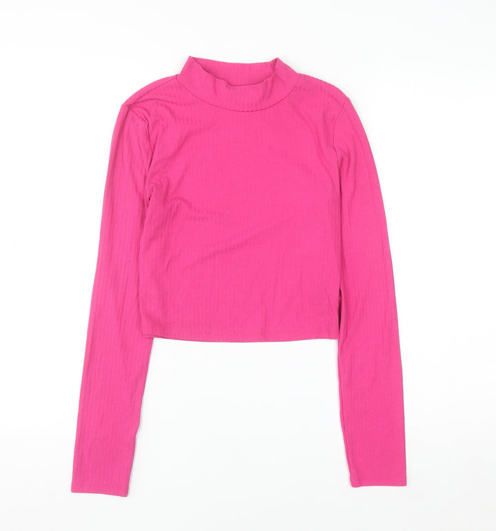 Primark Women Pink Mock Neck Cropped Long Sleeve Top Size S