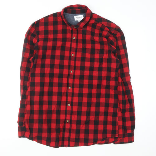 Pull & Bear Men's Red Check Button-Up Flannel Shirt XL