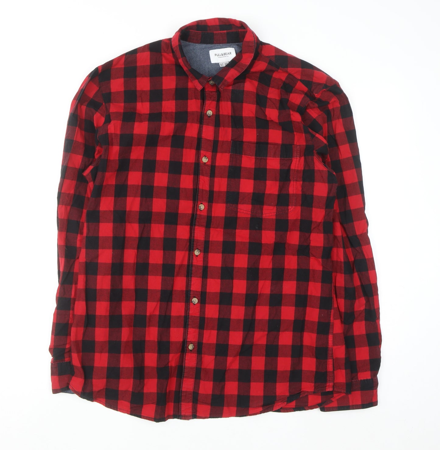 Pull & Bear Men's Red Check Button-Up Flannel Shirt XL