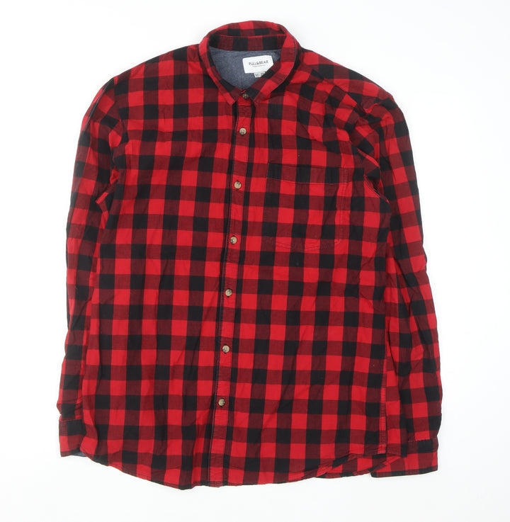 Pull & Bear Men's Red Check Button-Up Flannel Shirt XL