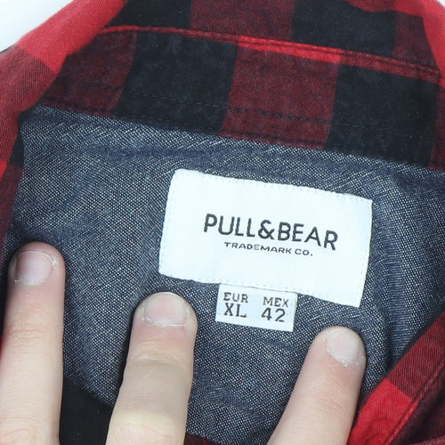 Pull & Bear Men's Red Check Button-Up Flannel Shirt XL