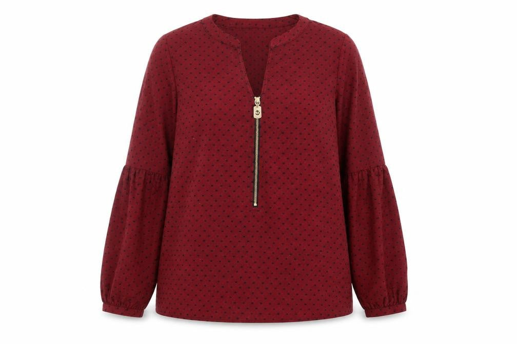 Front view of Michael Michael Kors Women's Red Geometric Zip Tunic Blouse XS