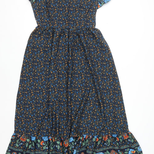 Skue Women Blue Floral Midi A-Line Dress Size 10 Puff Sleeve