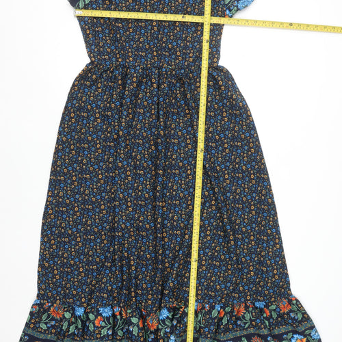 Skue Women Blue Floral Midi A-Line Dress Size 10 Puff Sleeve