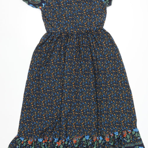 Skue Women Blue Floral Midi A-Line Dress Size 10 Puff Sleeve