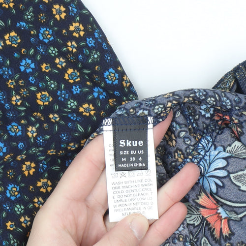 Skue Women Blue Floral Midi A-Line Dress Size 10 Puff Sleeve