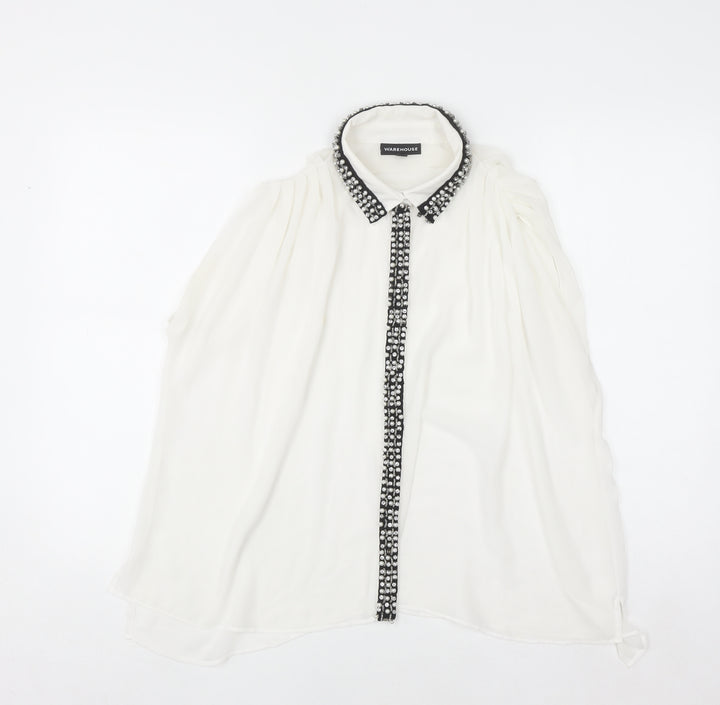 Warehouse Women's White Beaded Collared Sleeveless Chiffon Blouse UK10