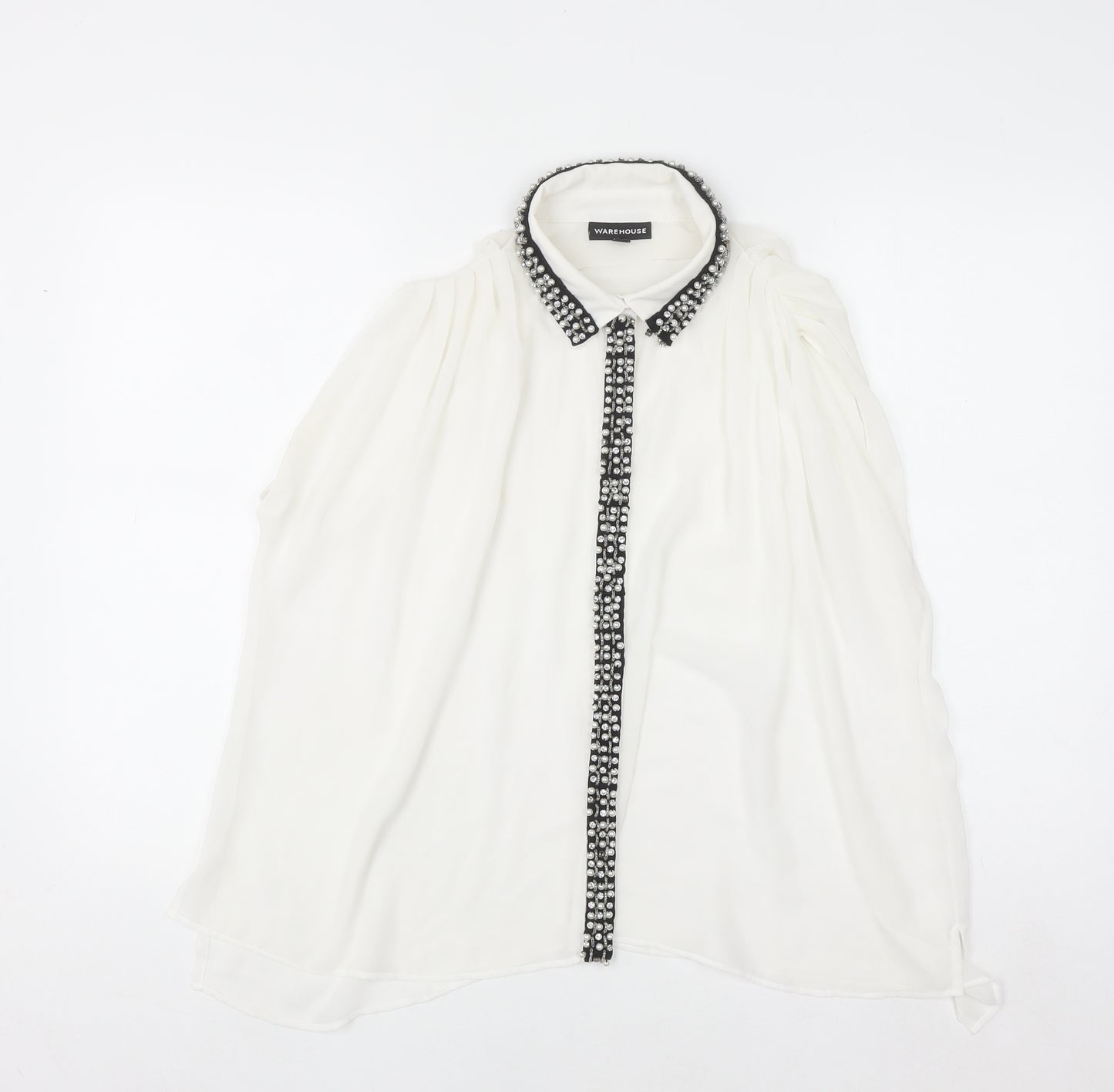 Warehouse Women's White Beaded Collared Sleeveless Chiffon Blouse UK10