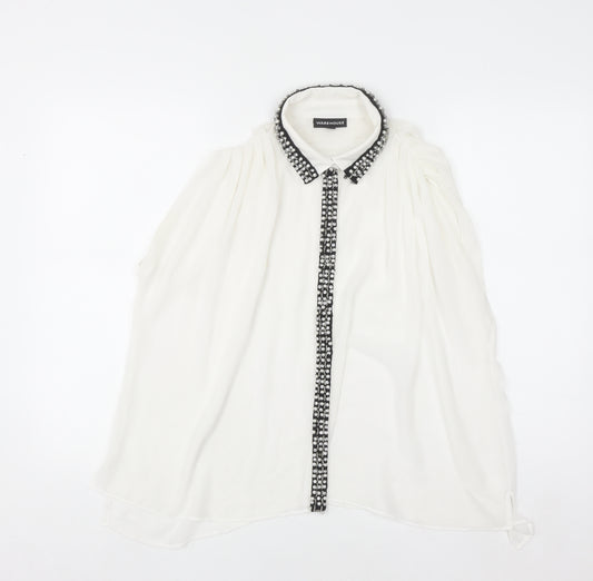Warehouse Women's White Beaded Collared Sleeveless Chiffon Blouse UK10