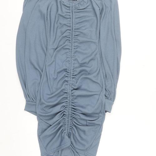 PrettyLittleThing Women Blue Size 6 Off Shoulder Ruched Bodycon Dress
