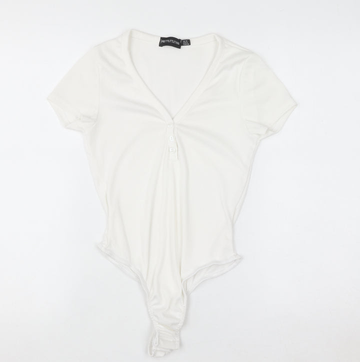 PrettyLittleThing Women White V-Neck Rib T-Shirt Bodysuit Size 10