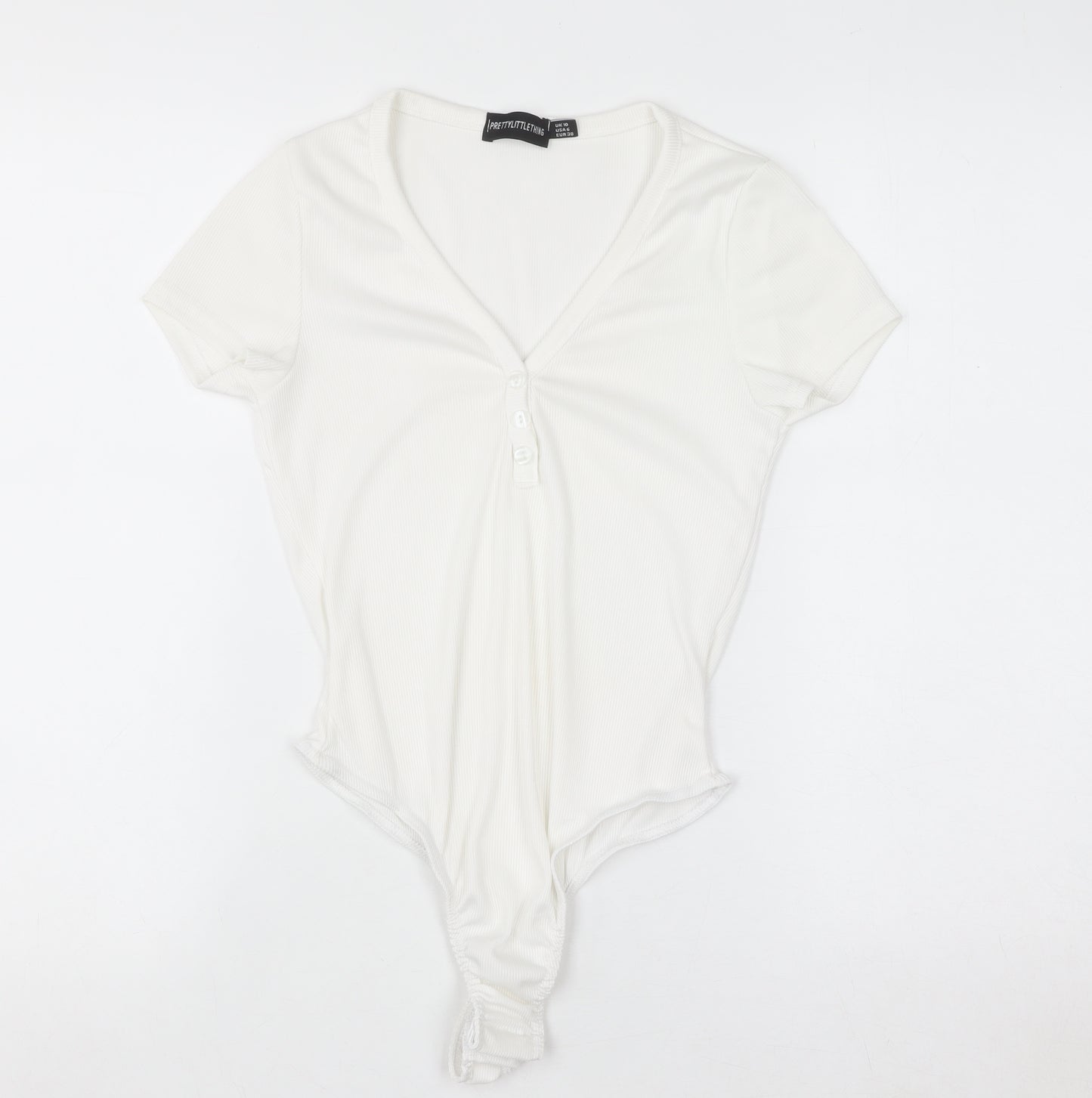 PrettyLittleThing Women White V-Neck Rib T-Shirt Bodysuit Size 10