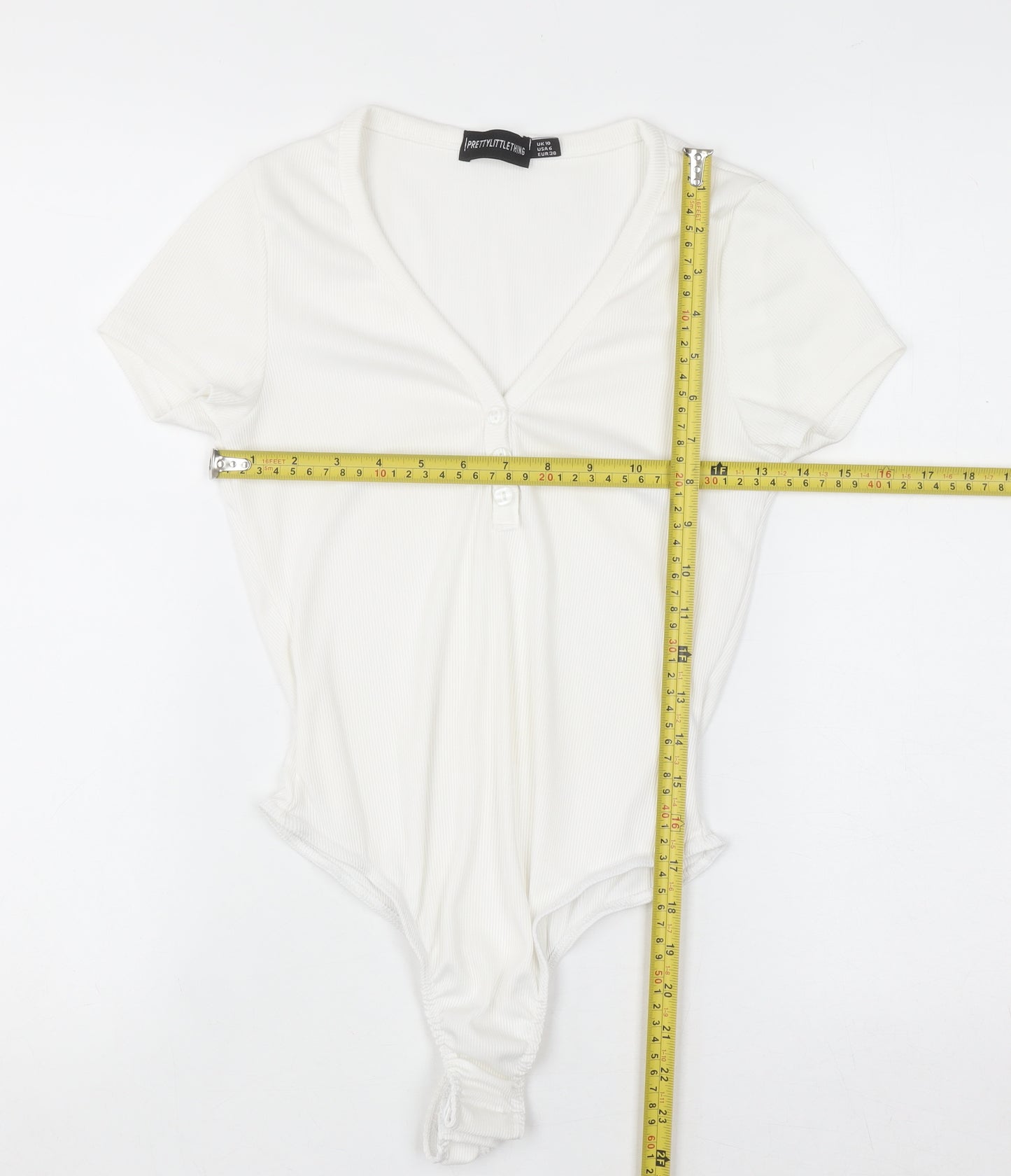 PrettyLittleThing Women White V-Neck Rib T-Shirt Bodysuit Size 10