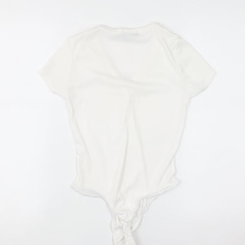 PrettyLittleThing Women White V-Neck Rib T-Shirt Bodysuit Size 10