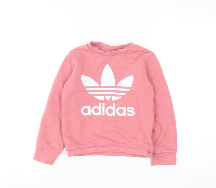 Adidas Girls Pink 6-7 Years Pullover Crew Neck Graphic Sweatshirt