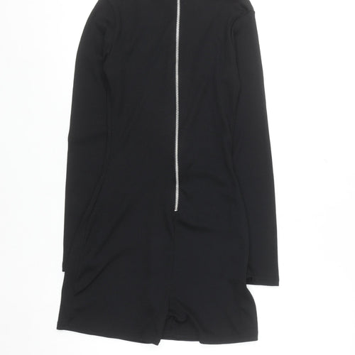 PrettyLittleThing Women's Black Ribbed Zip Long Sleeve Playsuit Size 8