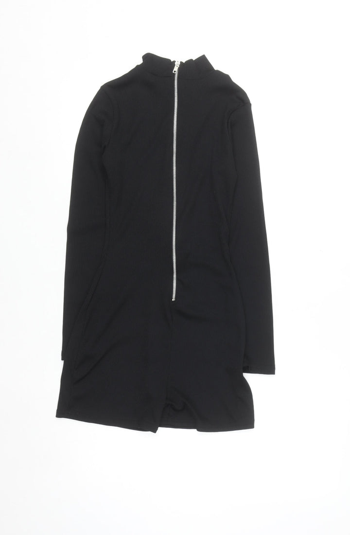 PrettyLittleThing Women's Black Ribbed Zip Long Sleeve Playsuit Size 8