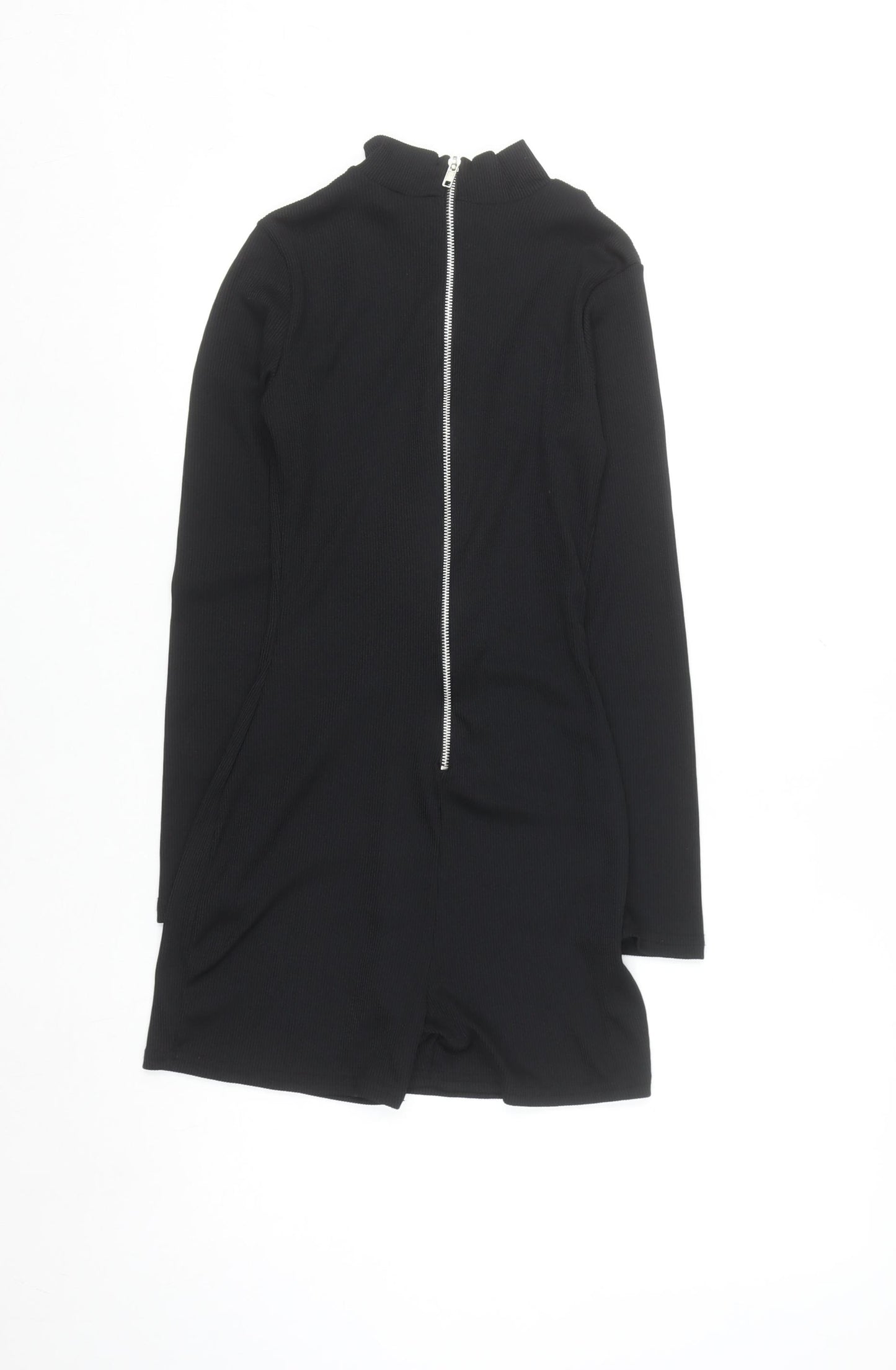 PrettyLittleThing Women's Black Ribbed Zip Long Sleeve Playsuit Size 8