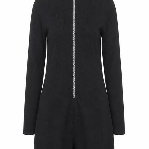 PrettyLittleThing Women's Black Ribbed Zip Long Sleeve Playsuit Size 8