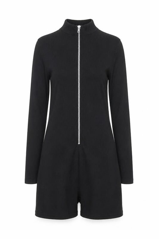 PrettyLittleThing Women's Black Ribbed Zip Long Sleeve Playsuit Size 8