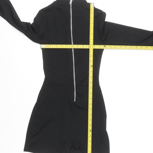 PrettyLittleThing Women's Black Ribbed Zip Long Sleeve Playsuit Size 8