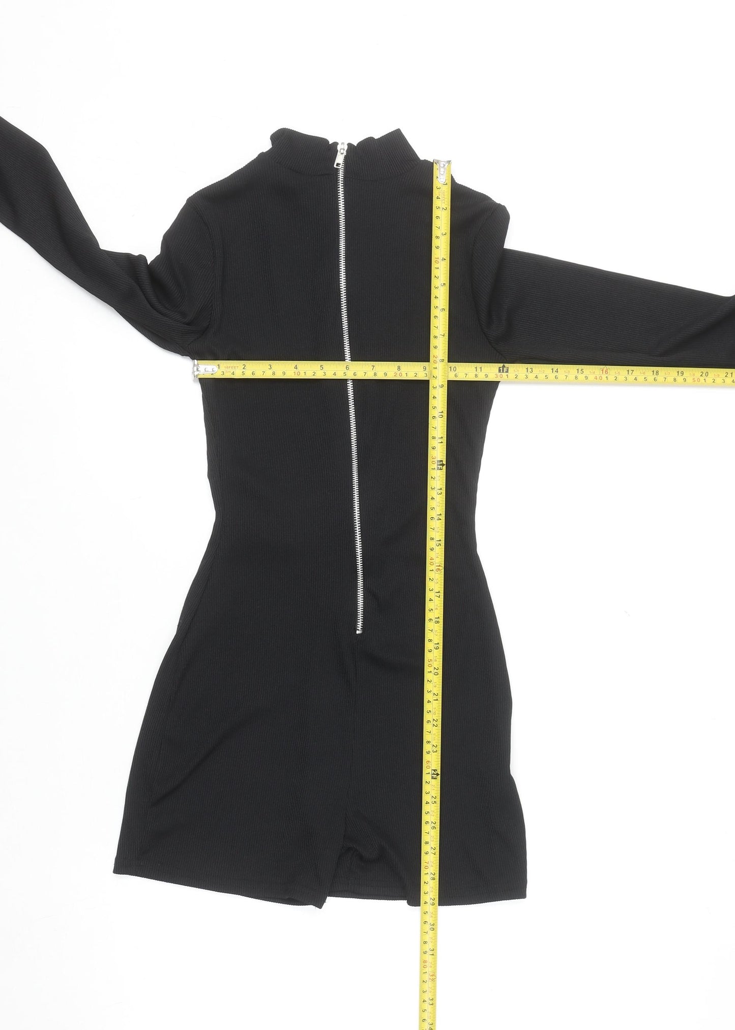 PrettyLittleThing Women's Black Ribbed Zip Long Sleeve Playsuit Size 8