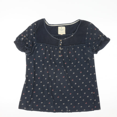 Reacan Cove Womens Blue Nautical Button Short Sleeve Cotton Blouse Size 12