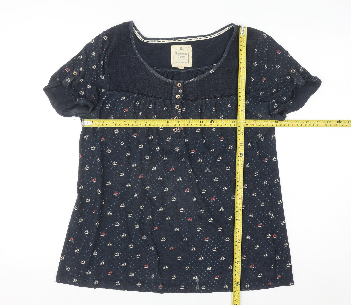 Reacan Cove Womens Blue Nautical Button Short Sleeve Cotton Blouse Size 12